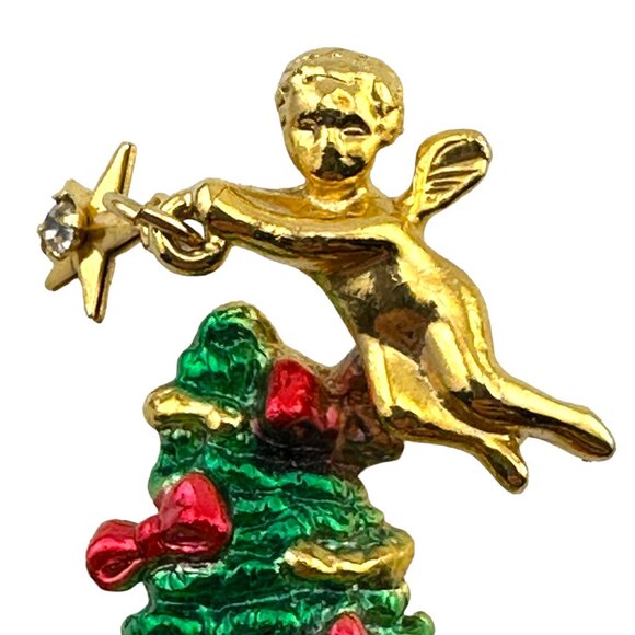 Green Christmas Tree Brooch Red Bows Angel Topped Rhinestone Star - Picture 5 of 6